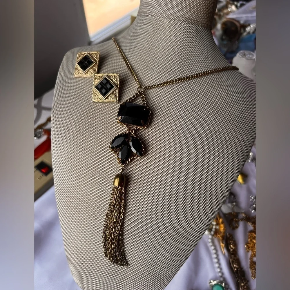 Vintage statement gold and black necklace and earrings set